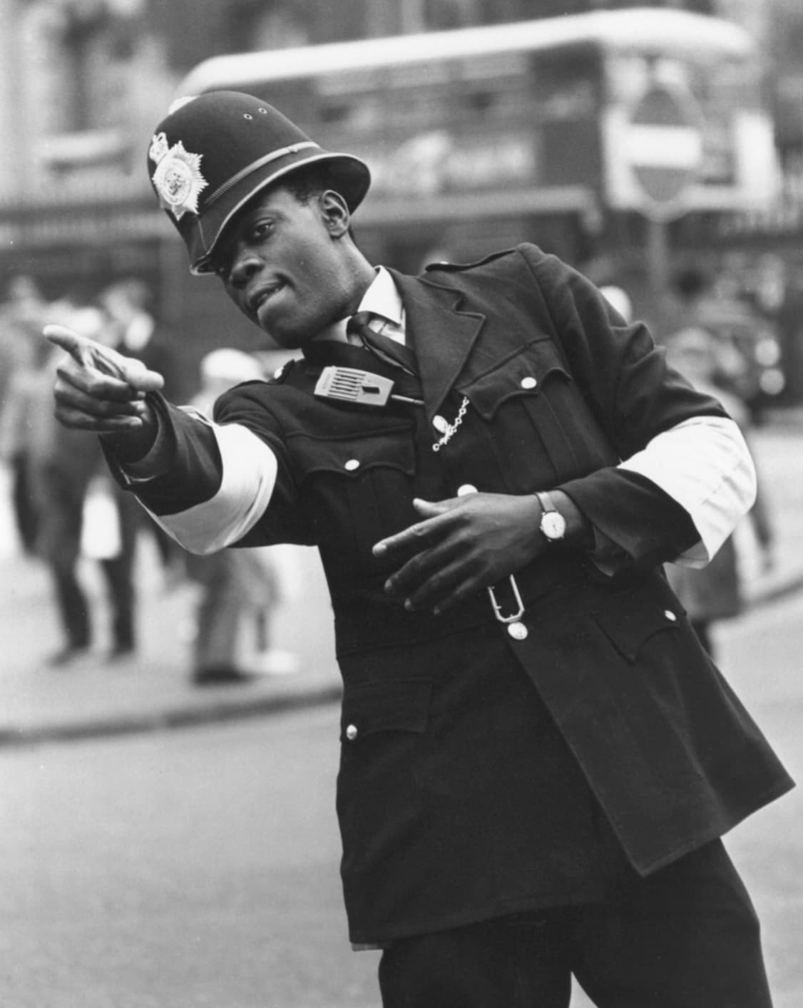 “London's first black police officer, PC Norwell Roberts, on point duty near Charing Cross Station, 1968.”